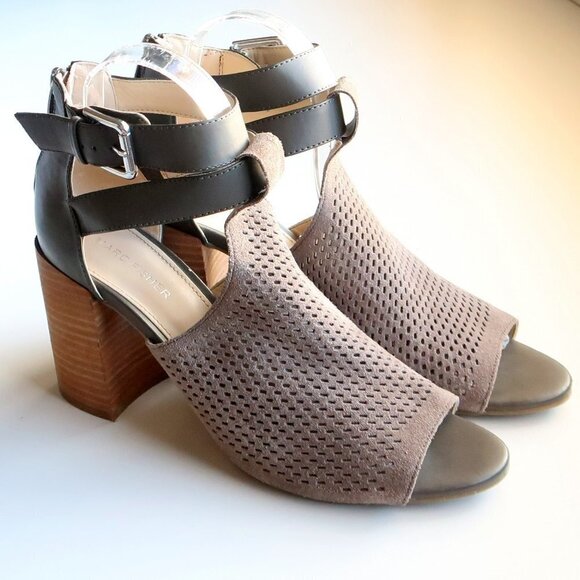 Marc Fisher Taupe Laser-cut Suede Leather Peep Toe Block Heel Ankle Strap Sandal - Picture 16 of 16